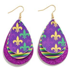NWT BOUTIQUE Layered Mardi Gras Fleur De Lis Glitter Teardrop Drop Earrings